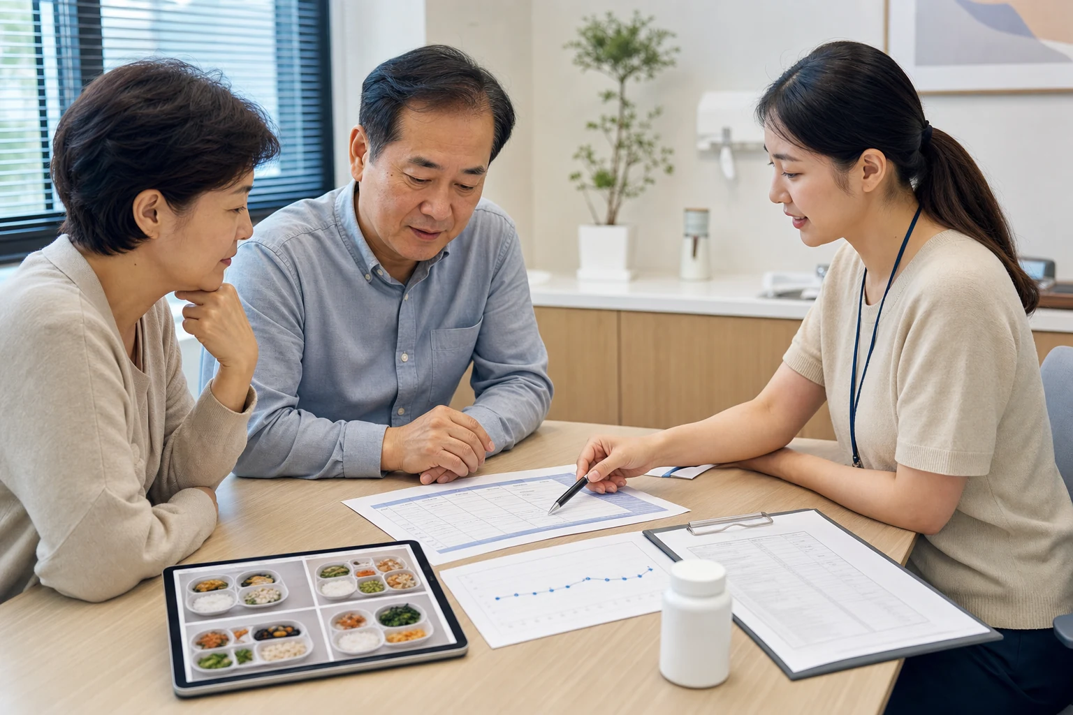 보호자와 가족이 상담자에게 식사 기록 복용 목록 주간 변화표를 보여주는 장면