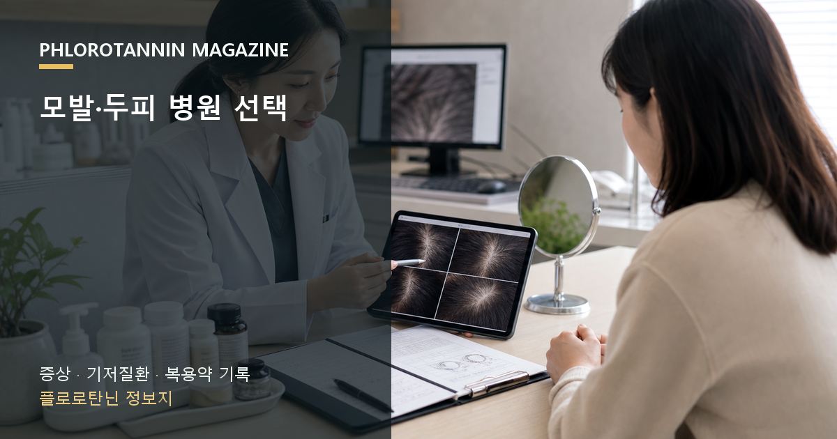 피부과 상담에서 두피 확대 사진과 복용약 목록을 함께 확인하는 장면