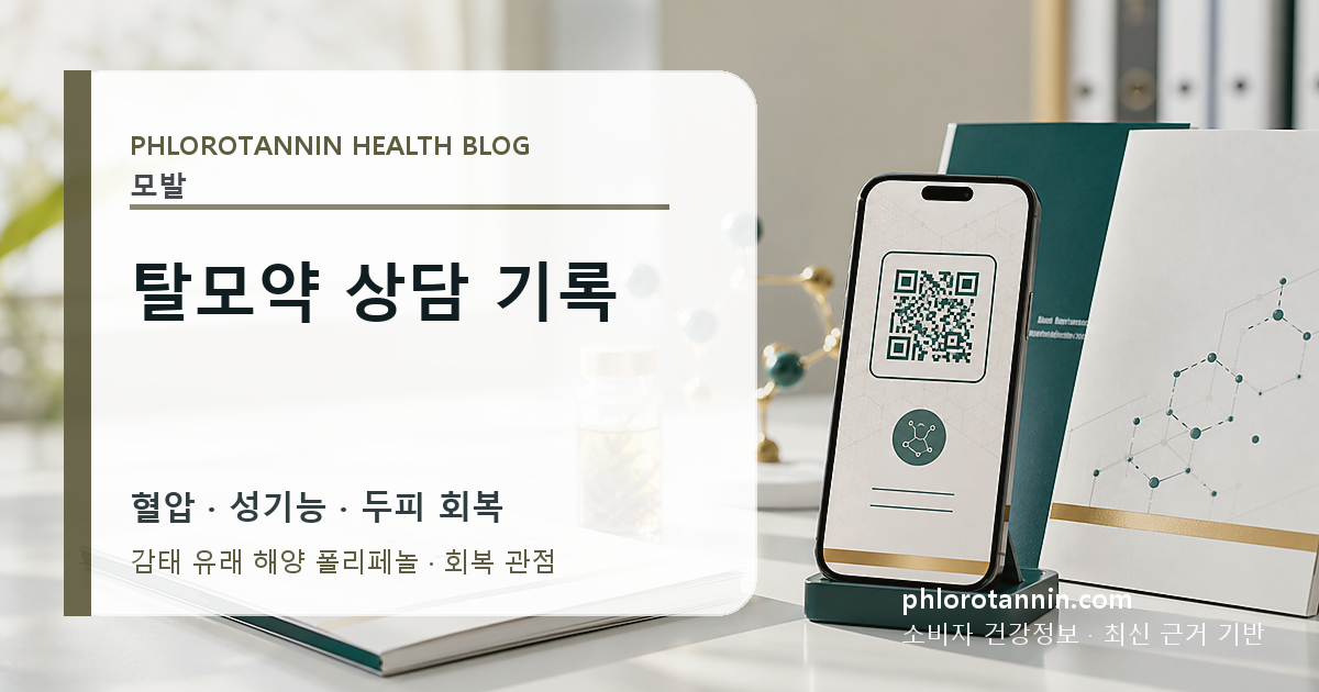 탈모약 제품명과 용량, 성기능, 수면, 두피 사진 변화를 한 기록표에서 확인하는 장면
