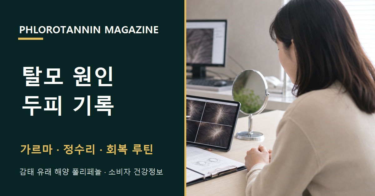 가르마와 정수리 사진, 최근 질환과 식사 기록을 함께 살펴 탈모 원인을 구분하는 장면