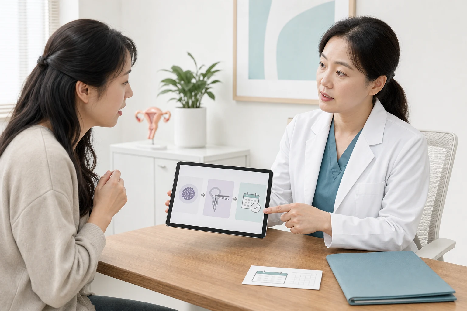 HPV 자가채취 결과 뒤 추가 자궁경부 검사와 추적 일정을 상담하는 장면