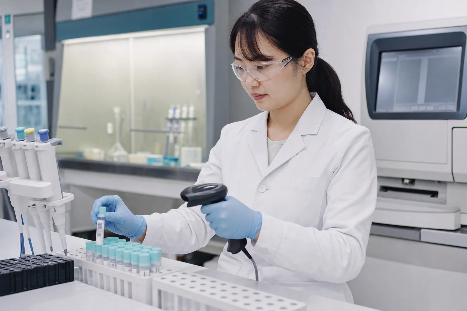 자가채취 HPV 검체를 분자진단 검사실에서 승인 검사법으로 분석하는 장면