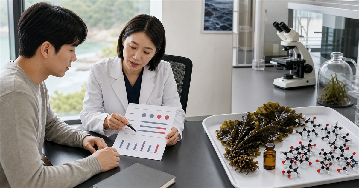 사람 대상 지질 연구 결과표와 감태 유래 플로로탄닌 원료를 구분해 설명하는 연구 상담 장면