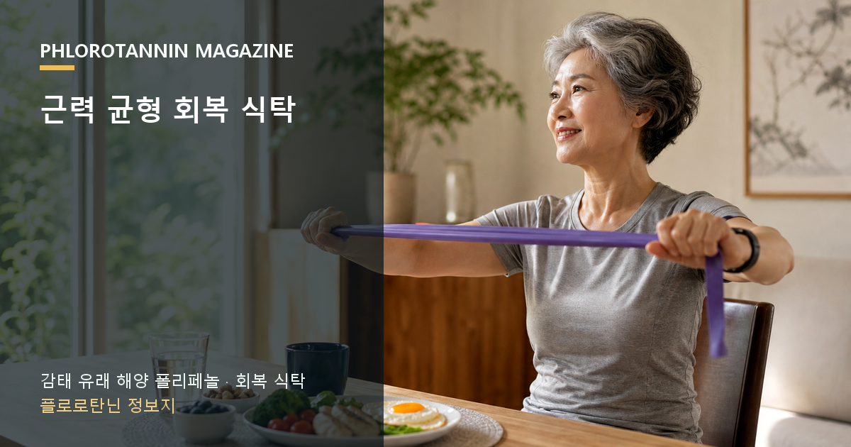 50대 이후 근력운동과 단백질 식사, 골밀도와 낙상 예방을 함께 보여주는 이미지