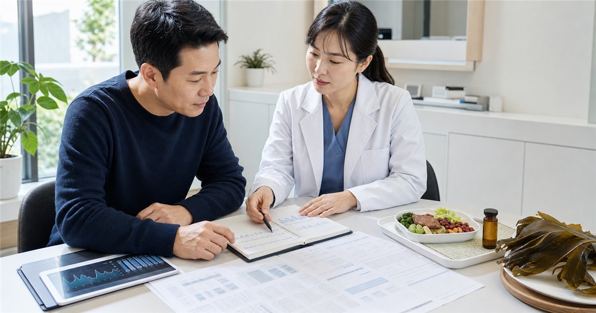 브레인 포그와 지속 피로를 상담하며 활동 기록과 검사 결과를 함께 검토하는 장면