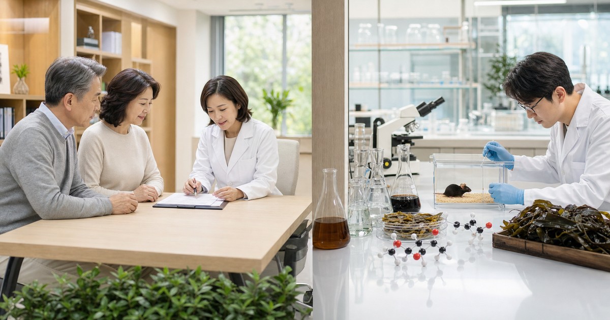 왼쪽의 사람 진료 장면과 오른쪽의 생쥐 실험실을 나누어 플로로탄닌 전임상과 사람 근거의 차이를 보여주는 사진