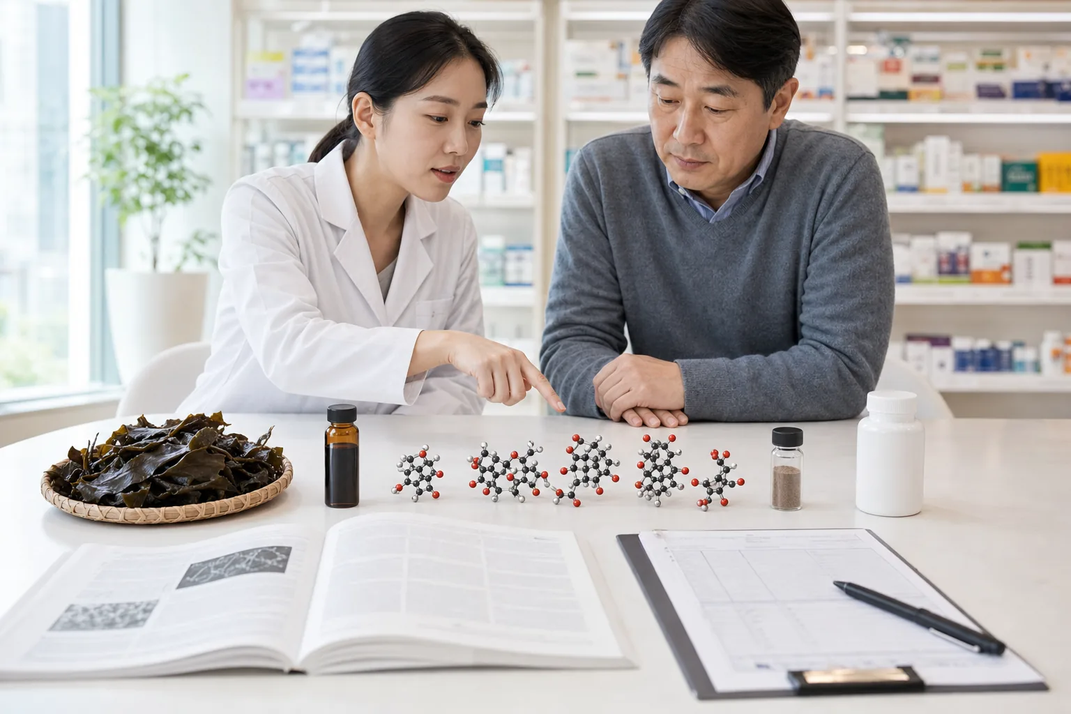 감태 원료·추출물·플로로탄닌 성분군·디에콜 지표·제품 자료를 구분해 검토하는 장면