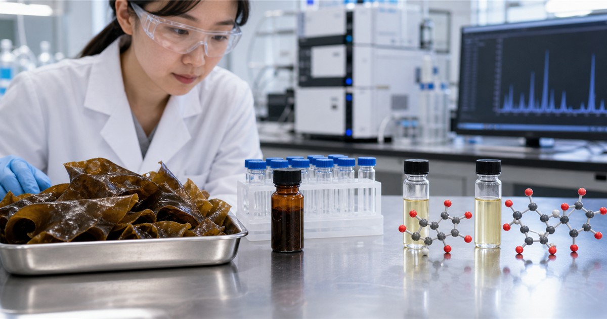 감태 시료와 추출액을 HPLC 장비로 분석해 플로로탄닌 지표성분을 확인하는 연구실 사진