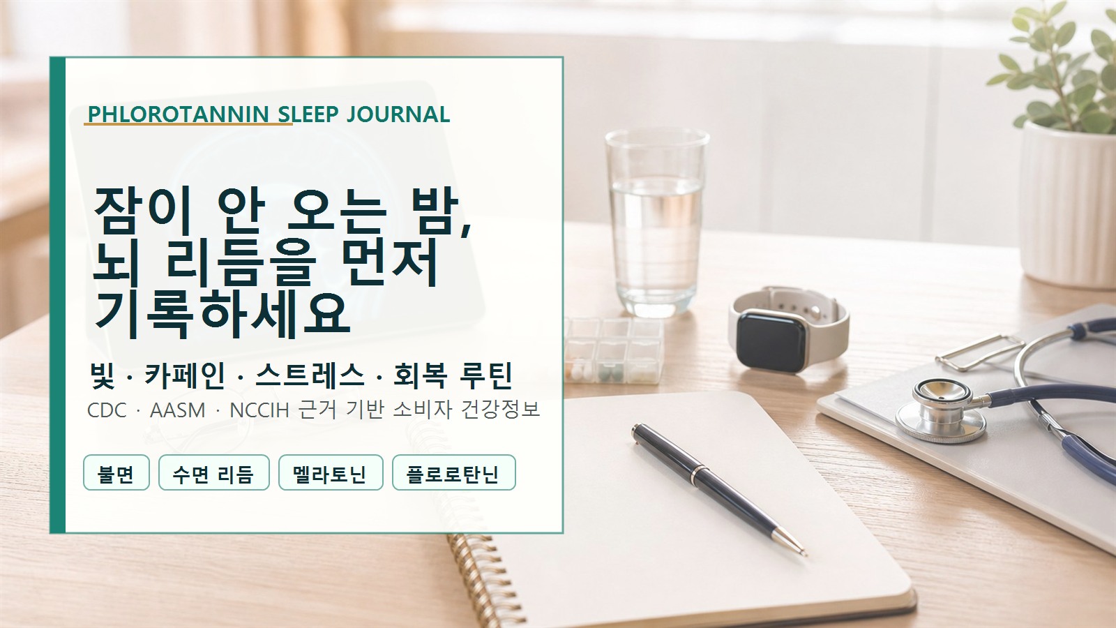 잠이 오지 않는 밤의 수면 리듬과 빛·카페인·스트레스 기록 항목을 보여주는 정보 이미지