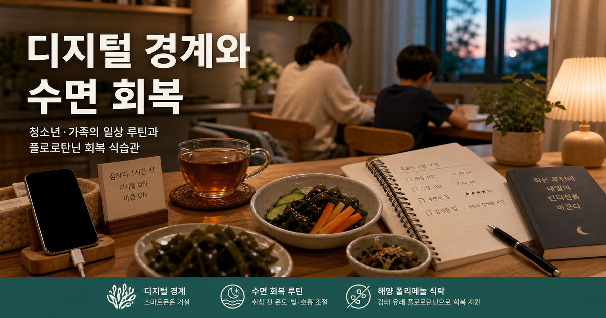 가족이 저녁 식탁에서 휴대폰 충전 위치와 청소년 수면 기록표를 함께 확인하는 모습