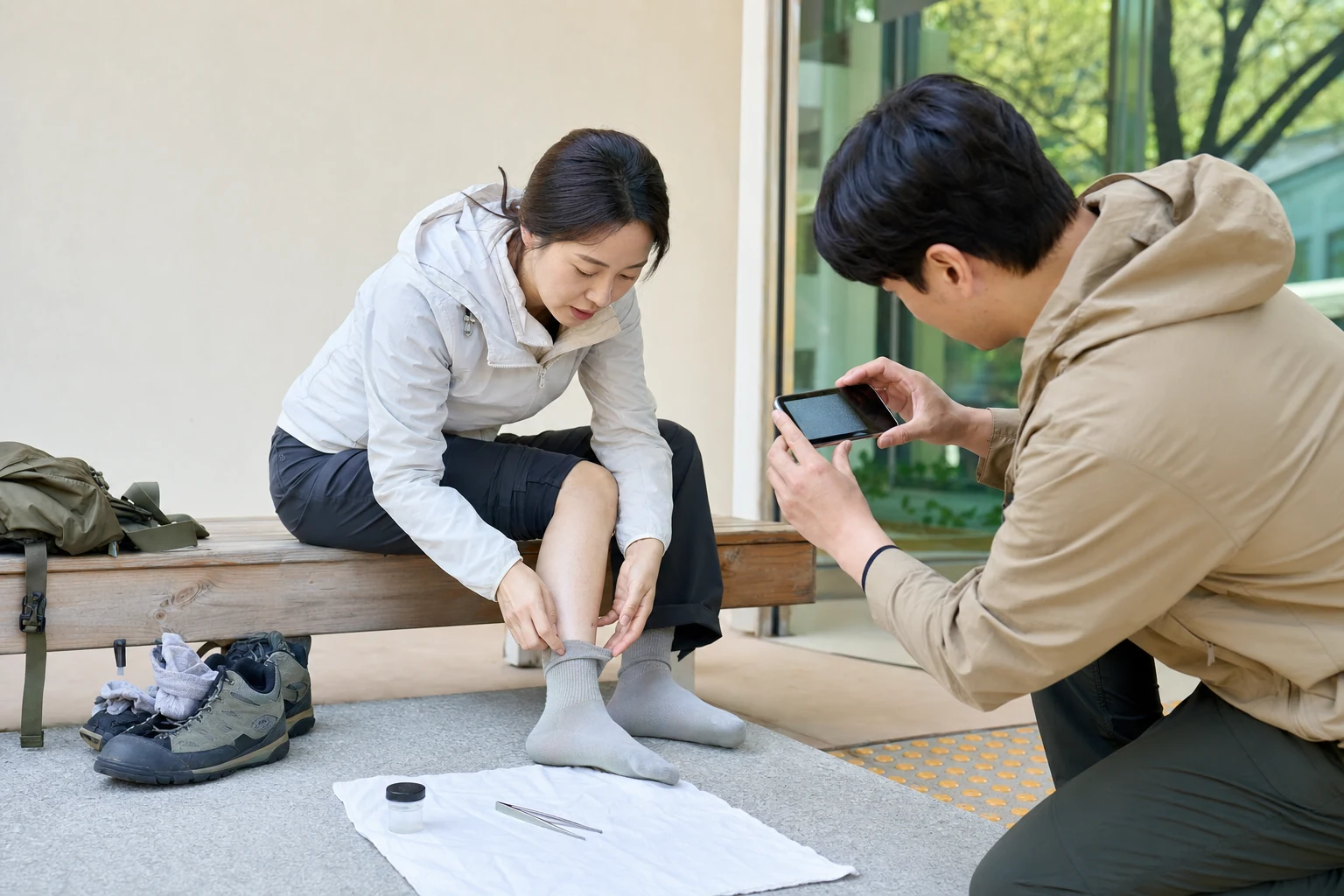 숲길 야외활동 직후 등산객이 다리와 양말선을 확인하고 동행자가 물린 부위를 사진으로 기록하는 모습