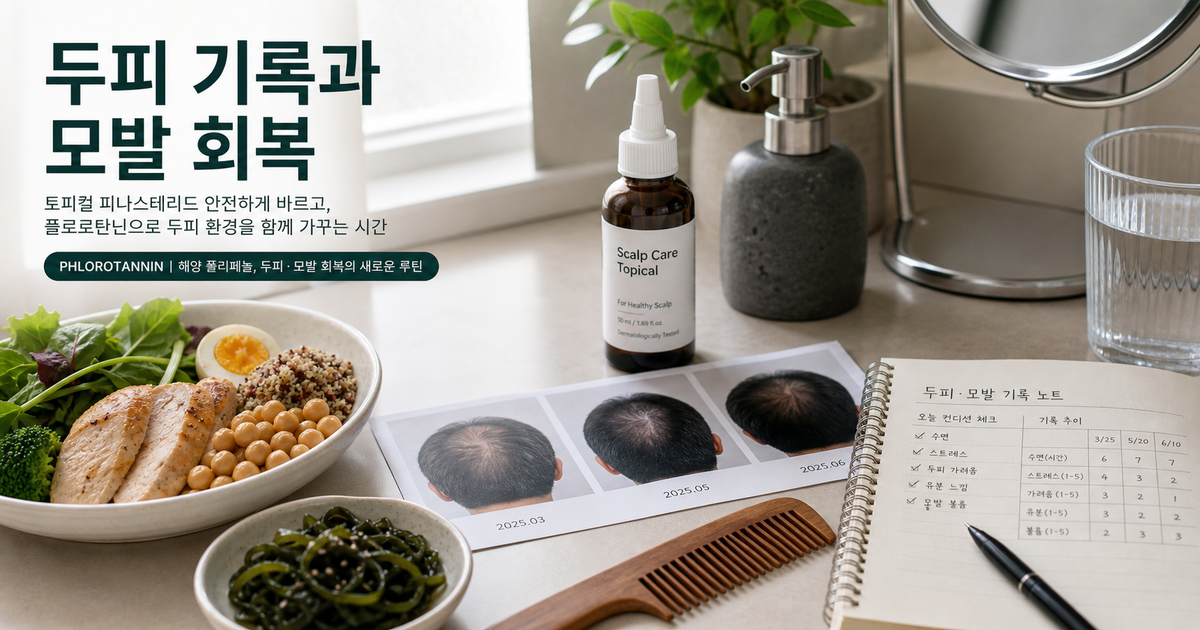 조제 외용 피나스테리드 용기와 두피 사진을 놓고 성분 농도와 사용 경로를 확인하는 장면